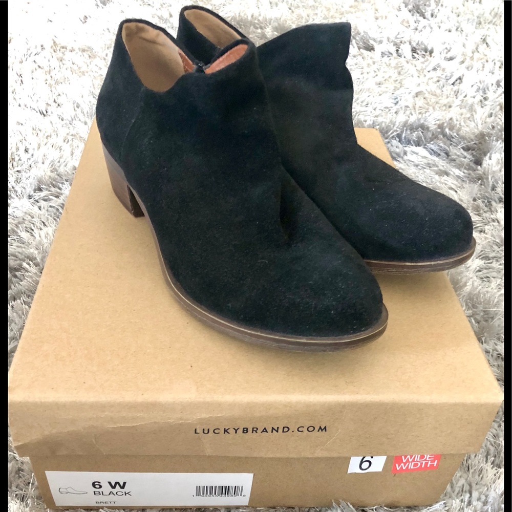 Lucky Brand black suede side zip booties Size 6W